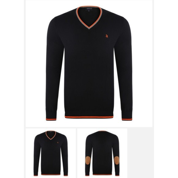 HTF Giorgio Di Mare Yachting LOGO V-neck Pullover Sweater Suede Elbow Patch XXL - Picture 2 of 9